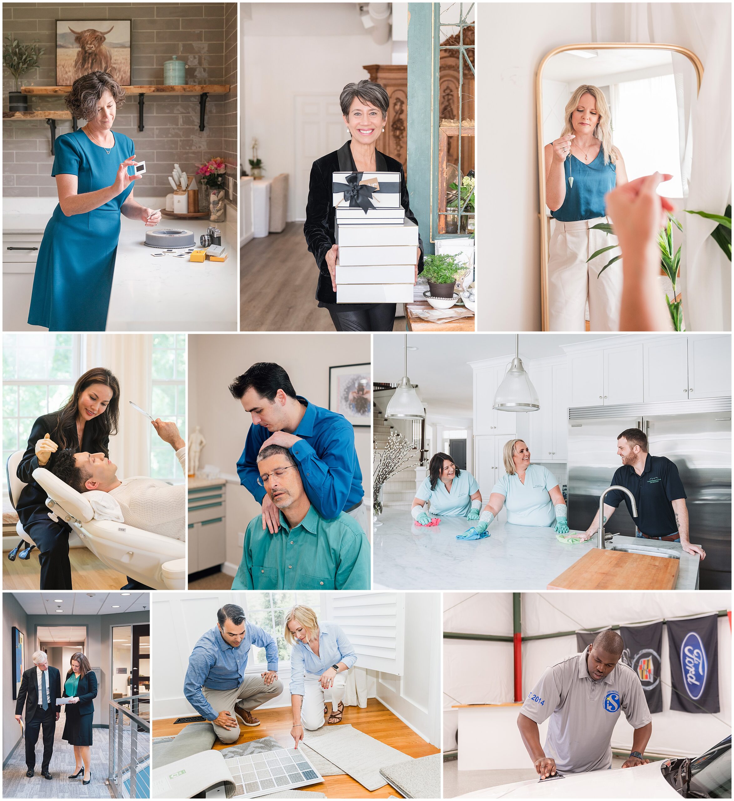 Collage of home renovation professionals: kitchen work, gifting display, and a mirror scene with a jewelry tray in the background.