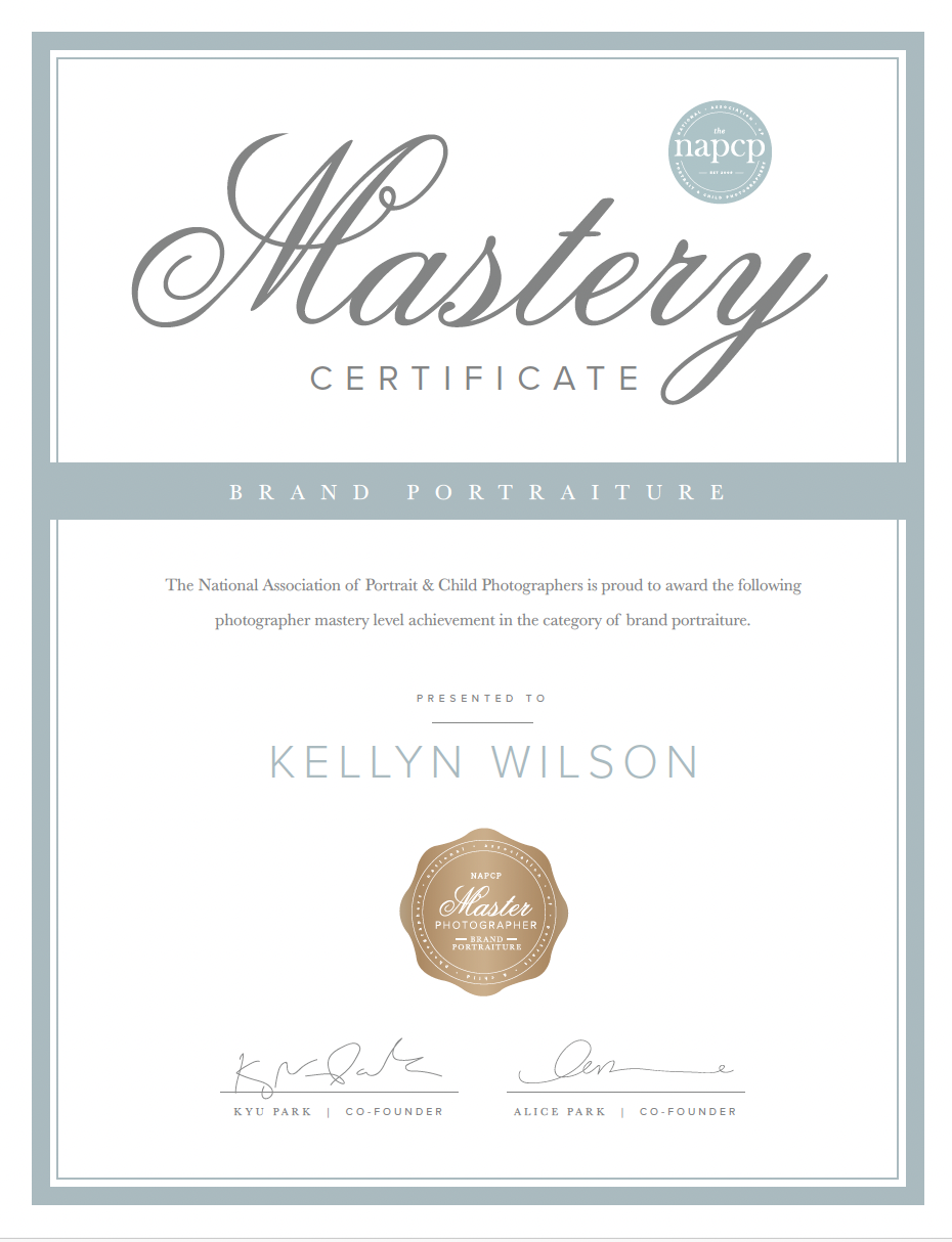 Mastery Certificate for Brand Portraiture awarded to Kellyn Wilson, with a blue-gray bordered frame and gold seal in the center.